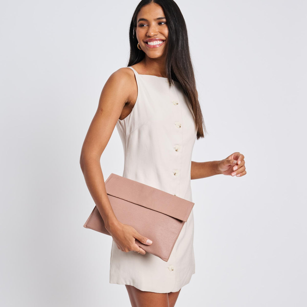 Woman wearing Mauve Moda Luxe Molly Clutch 842017118091 View 2 | Mauve