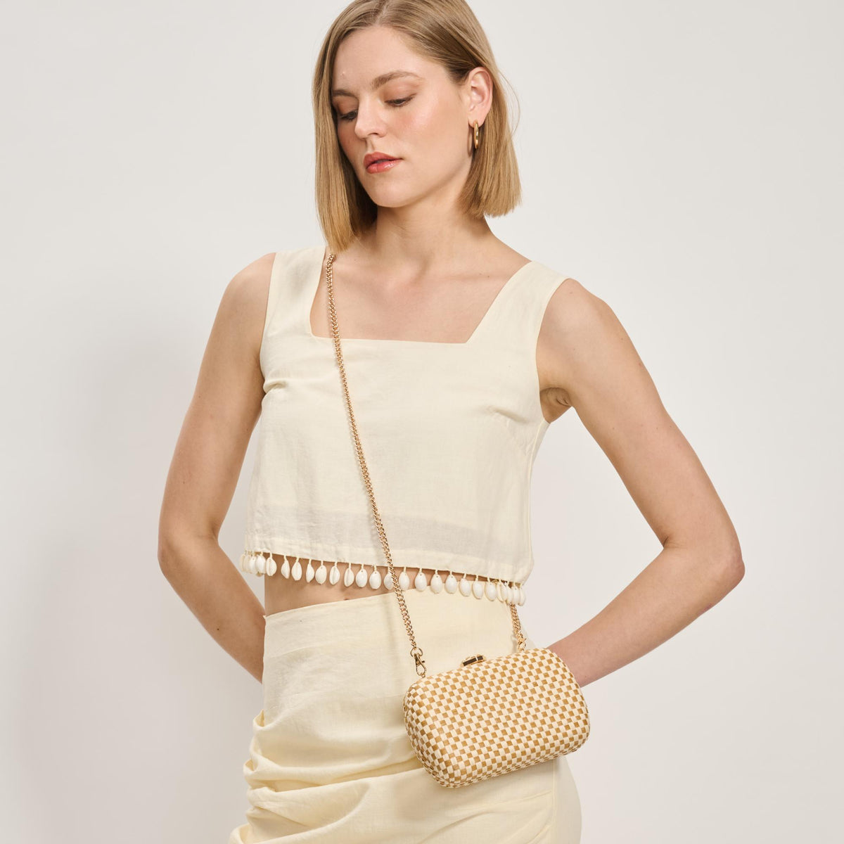 Woman wearing Natural Tan Moda Luxe Roxie Evening Bag 842017138174 View 2 | Natural Tan