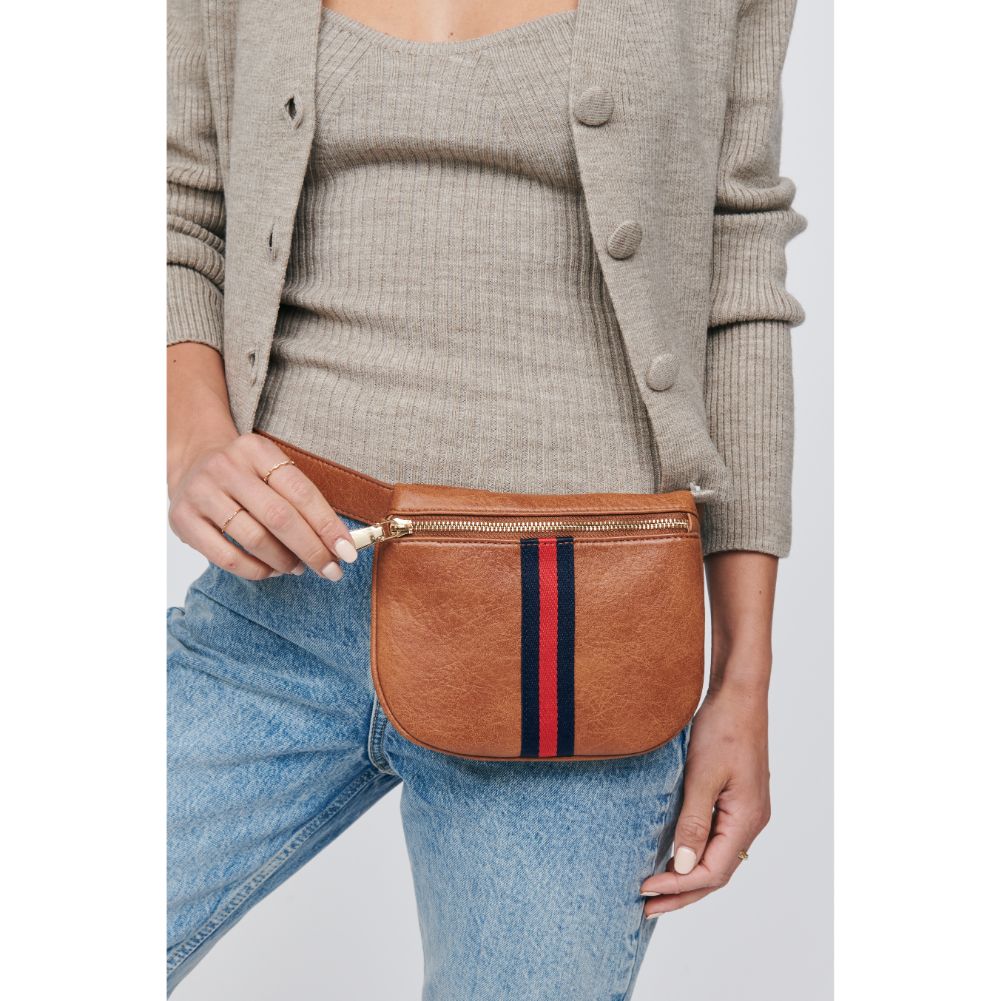 Woman wearing Tan Moda Luxe Juno Belt Bag 842017118701 View 4 | Tan