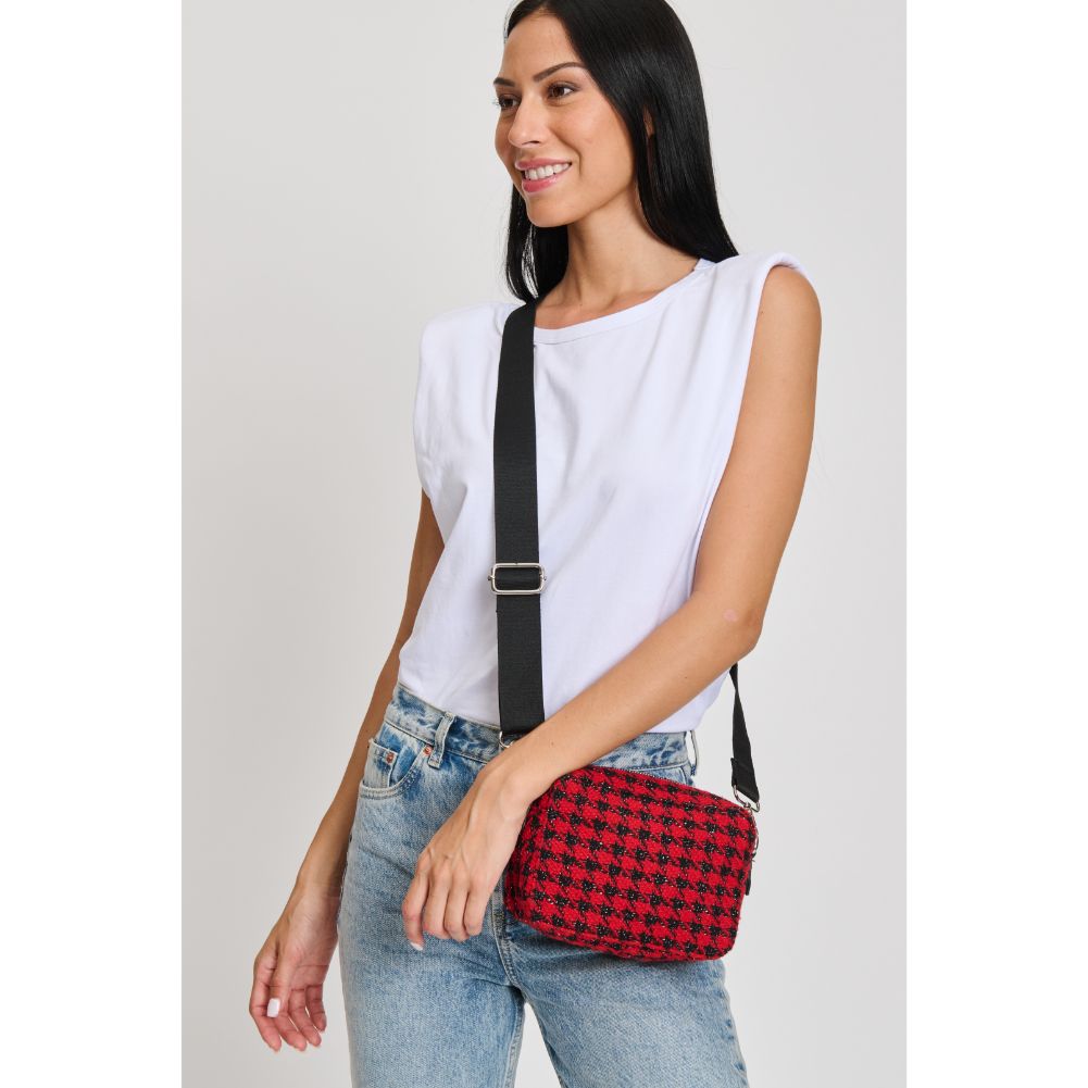 Woman wearing Red Moda Luxe Keekee - Houndstooth Crossbody 842017133049 View 1 | Red