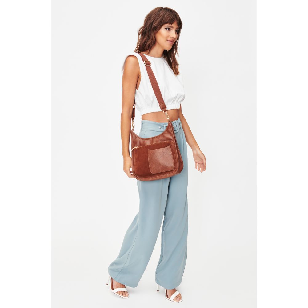 Woman wearing Cognac Moda Luxe Azalea Crossbody 842017128021 View 3 | Cognac