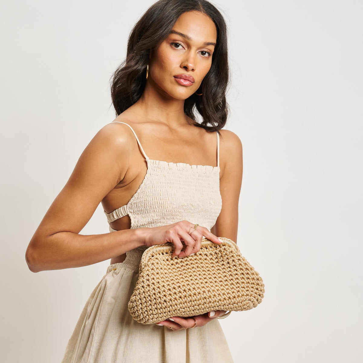 Woman wearing Natural Moda Luxe Anastasia Clutch 842017138259 View 3 | Natural