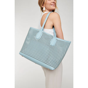 Woman wearing Eggshell Blue Moda Luxe Brazil Tote 842017124252 View 3 | Eggshell Blue