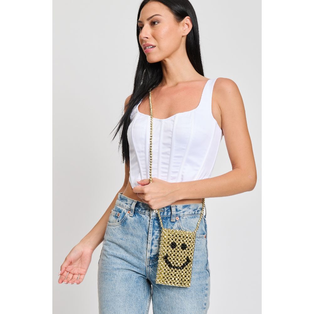 Woman wearing Gold Moda Luxe Miley Cell Phone Crossbody 842017133117 View 2 | Gold