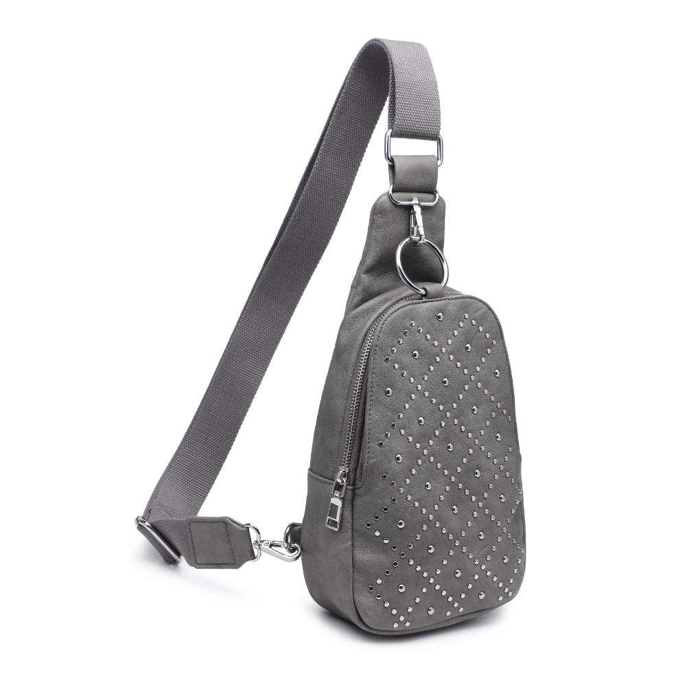 Product Image of Moda Luxe Regina Studded Sling Backpack 842017136811 View 6 | Grey