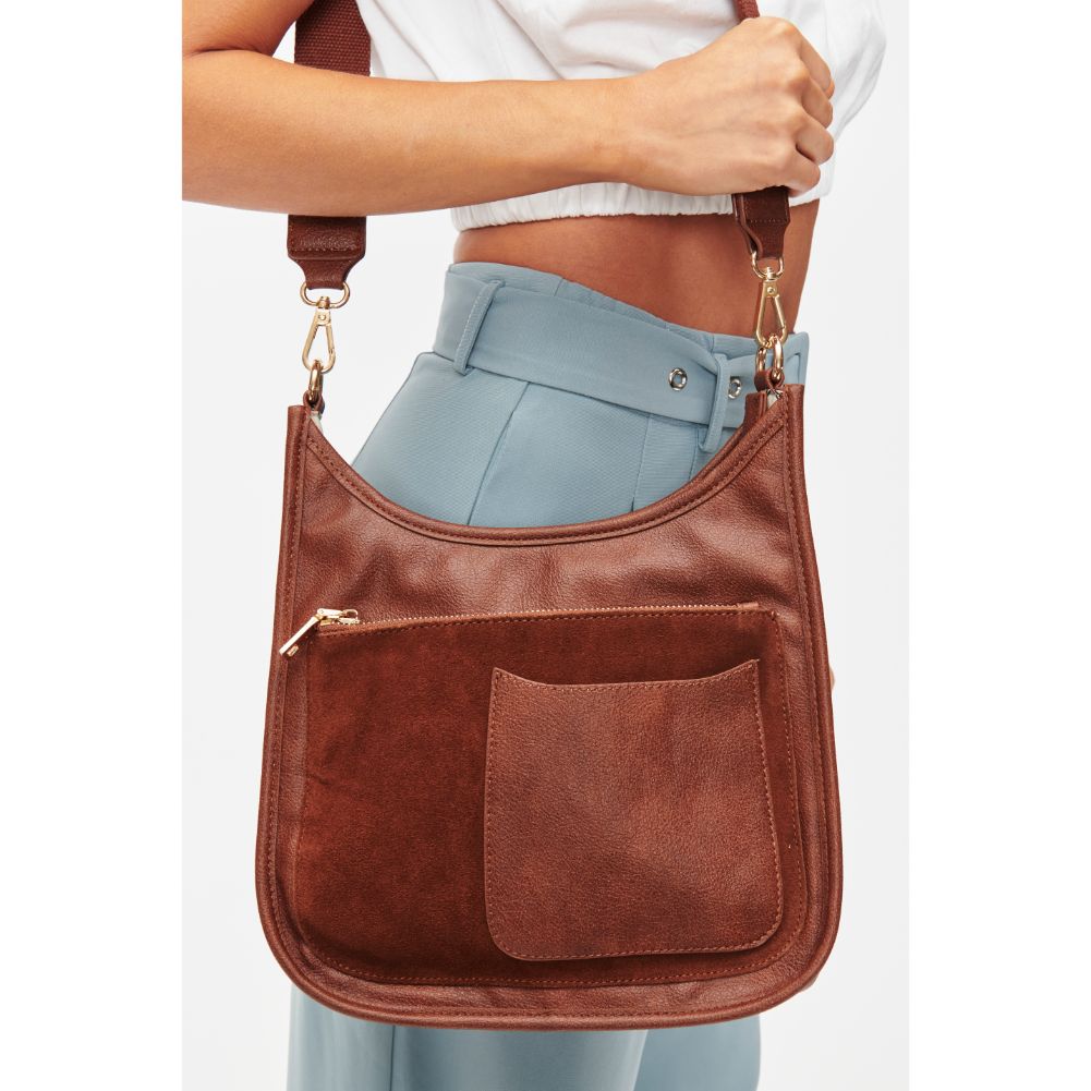 Woman wearing Cognac Moda Luxe Azalea Crossbody 842017128021 View 1 | Cognac