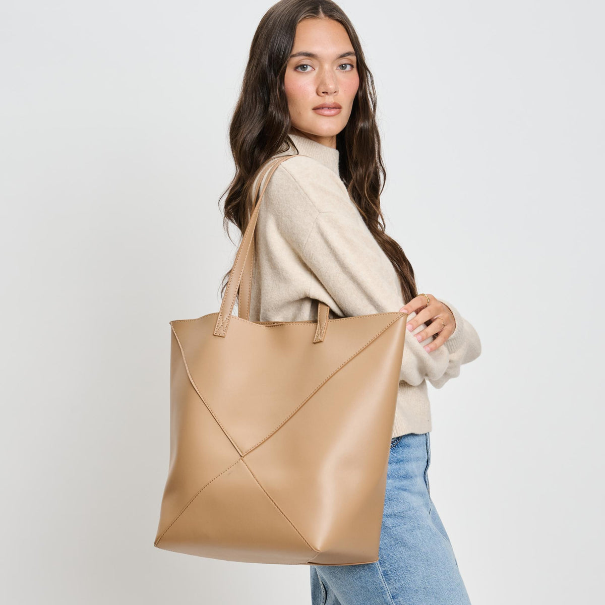 Woman wearing Natural Moda Luxe Lauren Tote 842017136705 View 1 | Natural