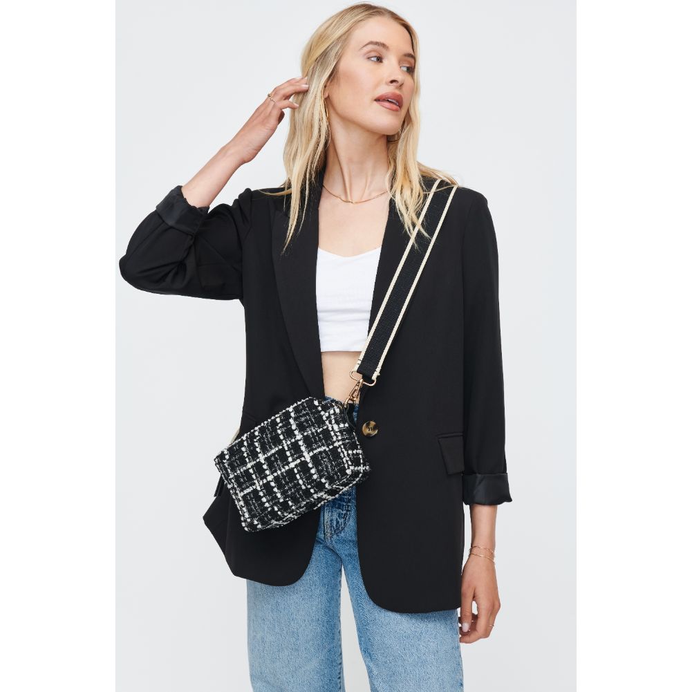 Woman wearing Black White Moda Luxe Skylie Tweed Crossbody 842017130451 View 1 | Black White