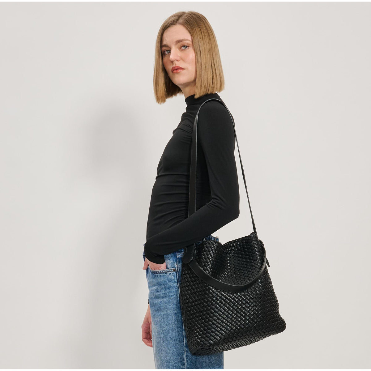 Woman wearing Black Moda Luxe Edith Hobo 842017137474 View 2 | Black