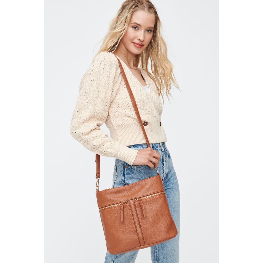 Woman wearing Cognac Moda Luxe Nova Crossbody 842017130369 View 1 | Cognac