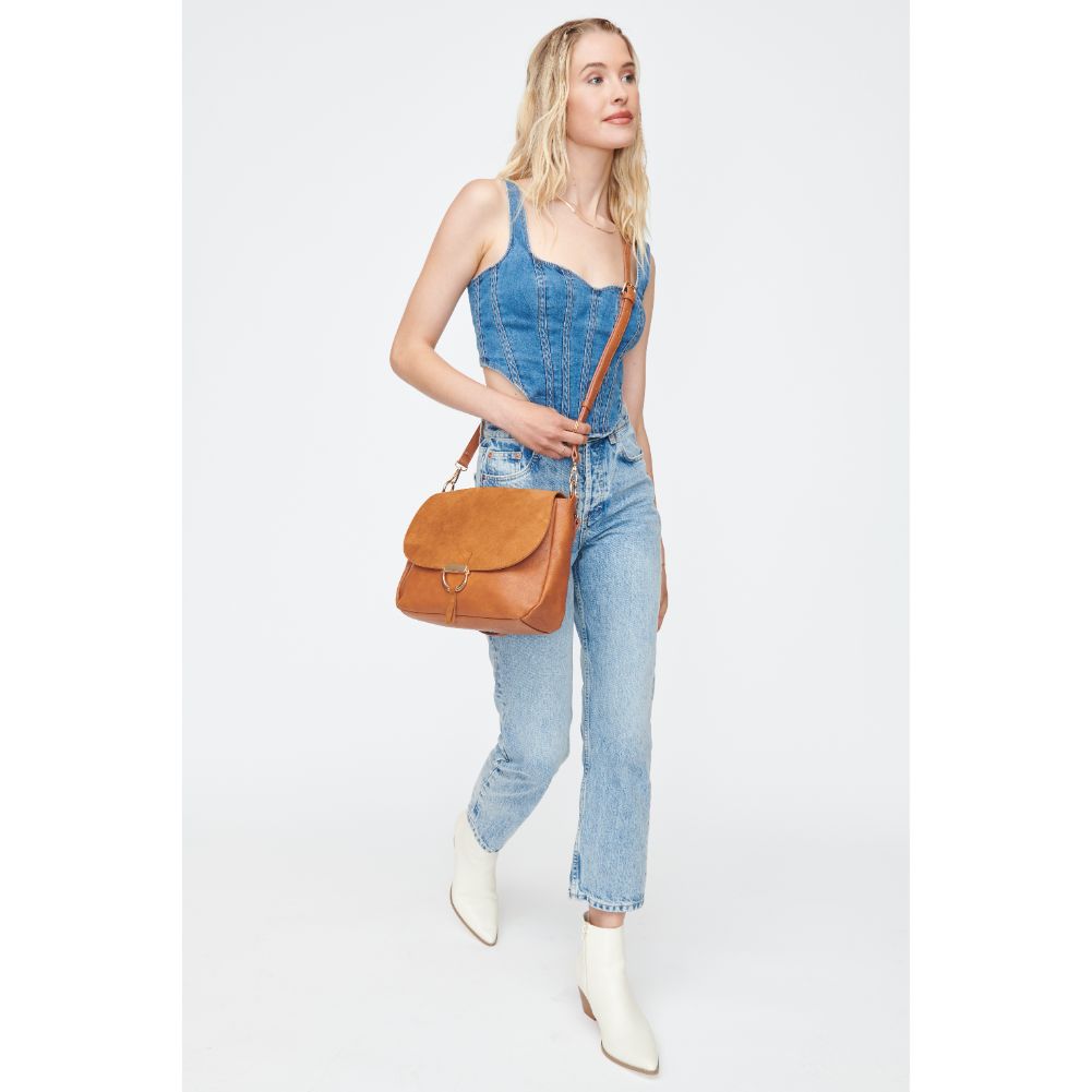 Woman wearing Cognac Moda Luxe Zoe Crossbody 842017130772 View 2 | Cognac