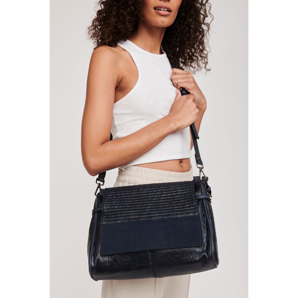 Woman wearing Navy Moda Luxe Lucy Messenger 842017117476 View 1 | Navy