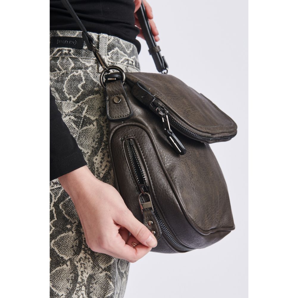 Woman wearing Charcoal Moda Luxe Dandelion Crossbody 819248012382 View 4 | Charcoal