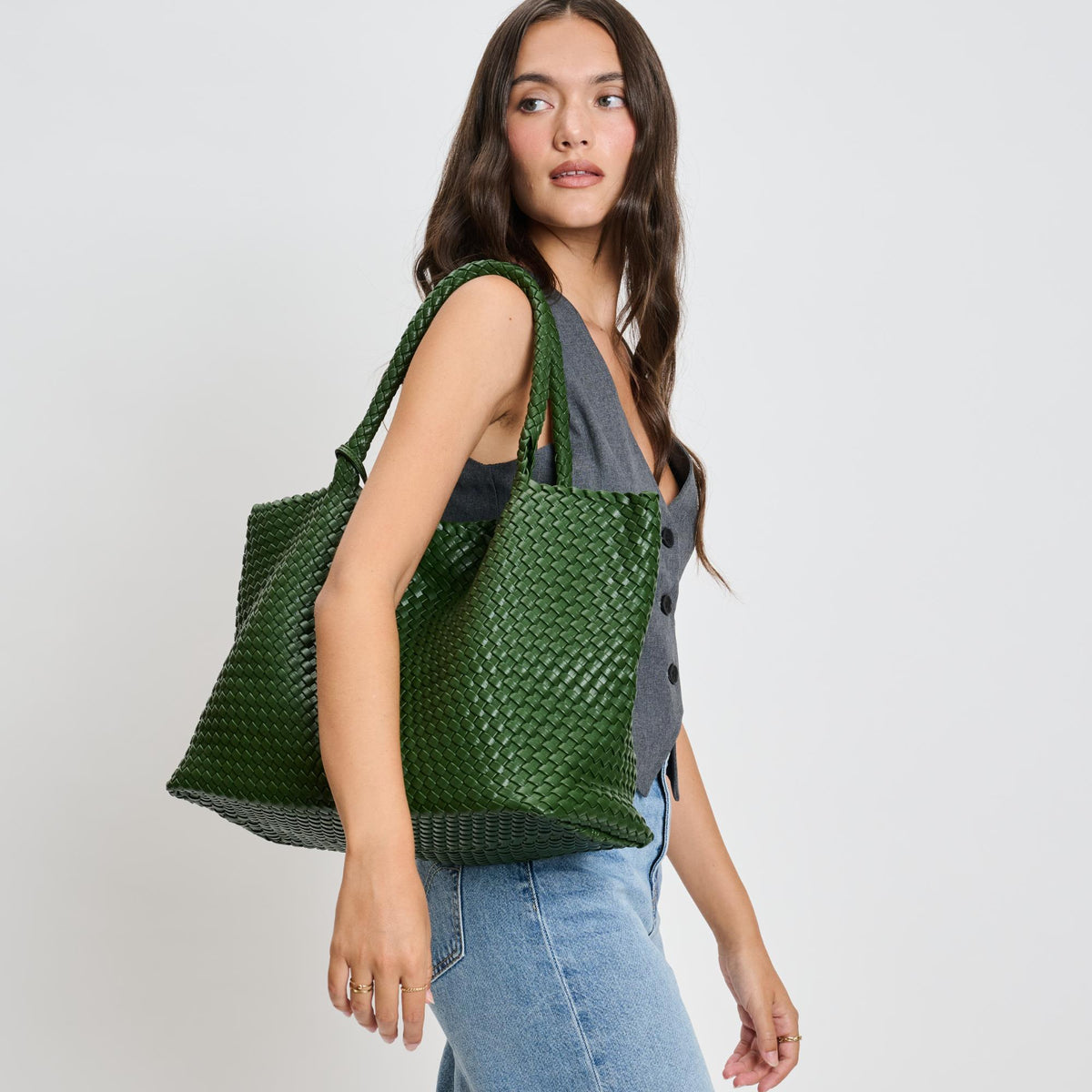 Woman wearing Forest Moda Luxe Solana Tote 842017135746 View 1 | Forest