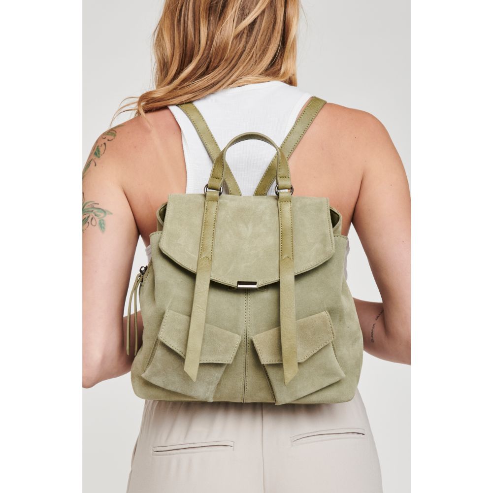 Woman wearing Sage Moda Luxe Charlie Backpack 842017127048 View 1 | Sage