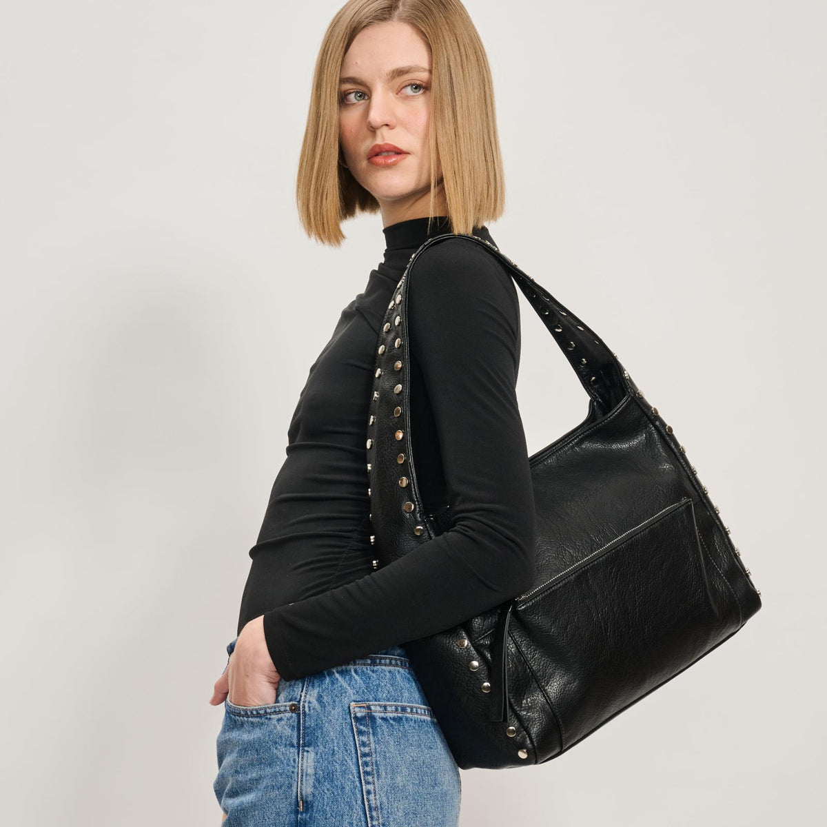 Woman wearing Black Moda Luxe Misty Hobo 842017137191 View 1 | Black