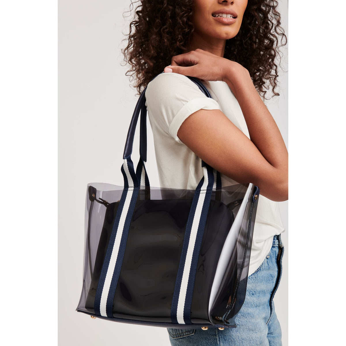 Woman wearing Navy White Moda Luxe Jacelyne Tote 842017124931 View 2 | Navy White