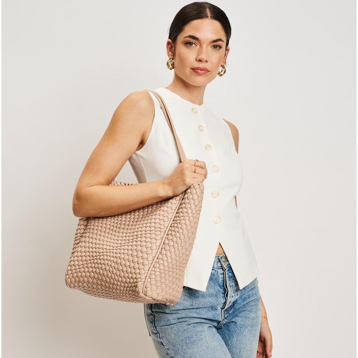 Woman wearing Nude Moda Luxe Gladys Tote 842017137269 View 2 | Nude