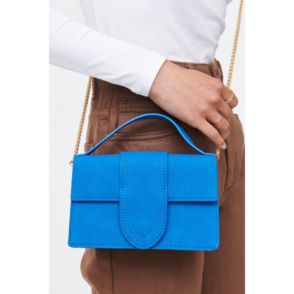 Woman wearing Electric Blue Moda Luxe Elizabeth - Suede Crossbody 842017130543 View 4 | Electric Blue