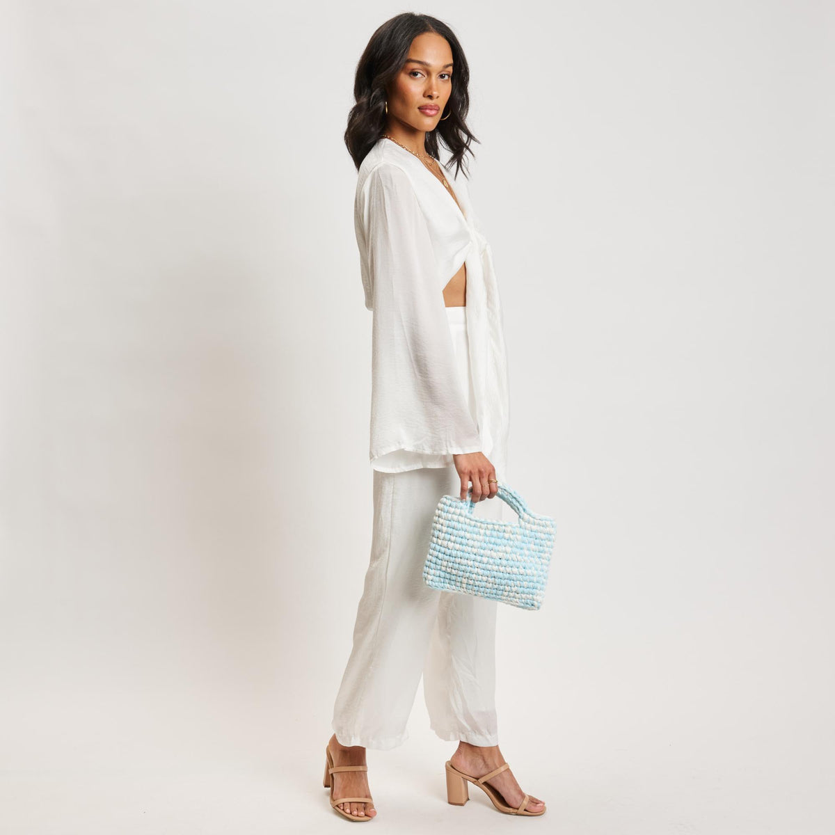 Woman wearing Ice Blue Moda Luxe Nya Tote 842017138426 View 3 | Ice Blue