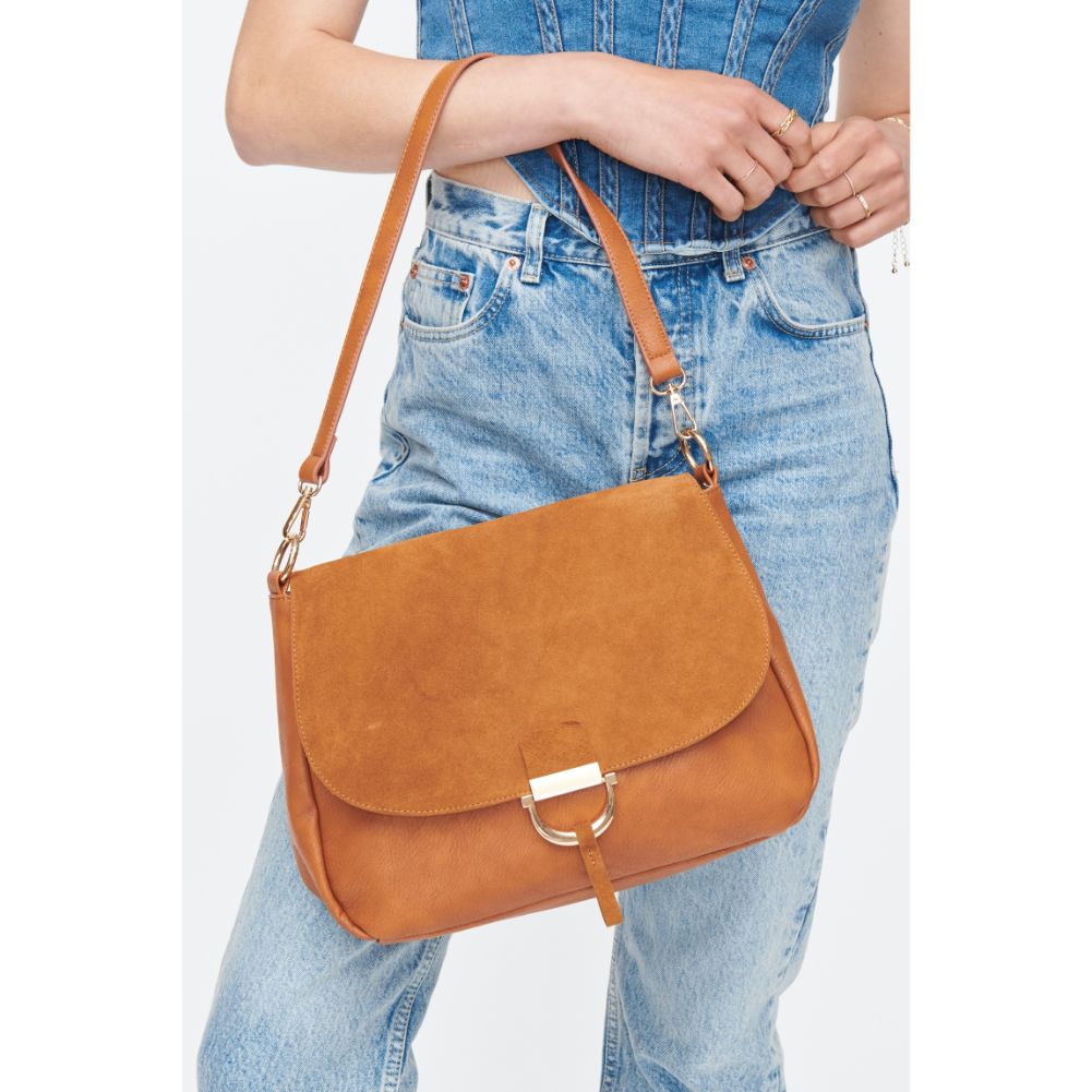 Woman wearing Cognac Moda Luxe Zoe Crossbody 842017130772 View 4 | Cognac