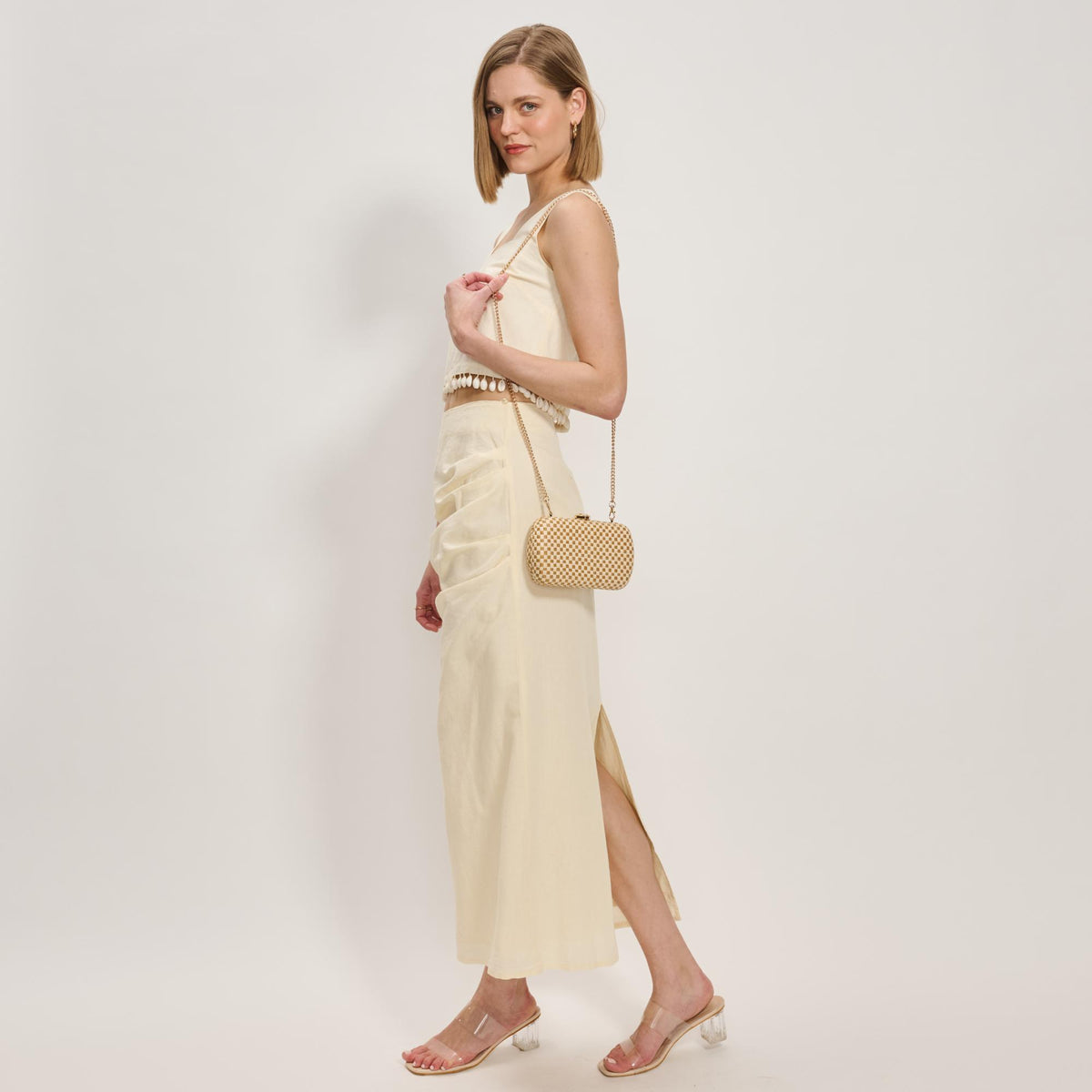 Woman wearing Natural Tan Moda Luxe Roxie Evening Bag 842017138174 View 4 | Natural Tan