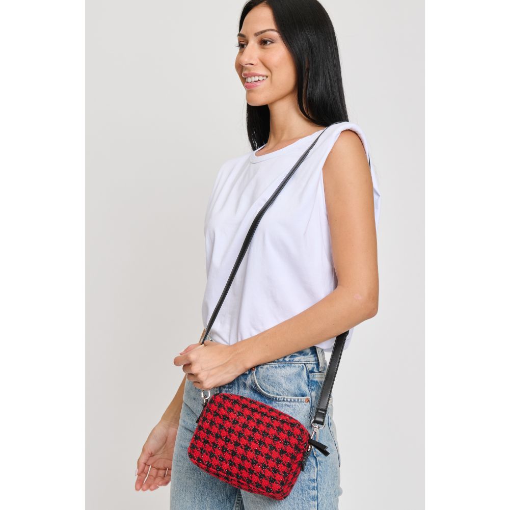 Woman wearing Red Moda Luxe Keekee - Houndstooth Crossbody 842017133049 View 2 | Red