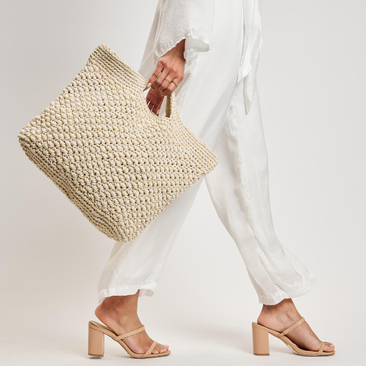 Woman wearing Natural Moda Luxe Marisol Tote 842017137771 View 2 | Natural