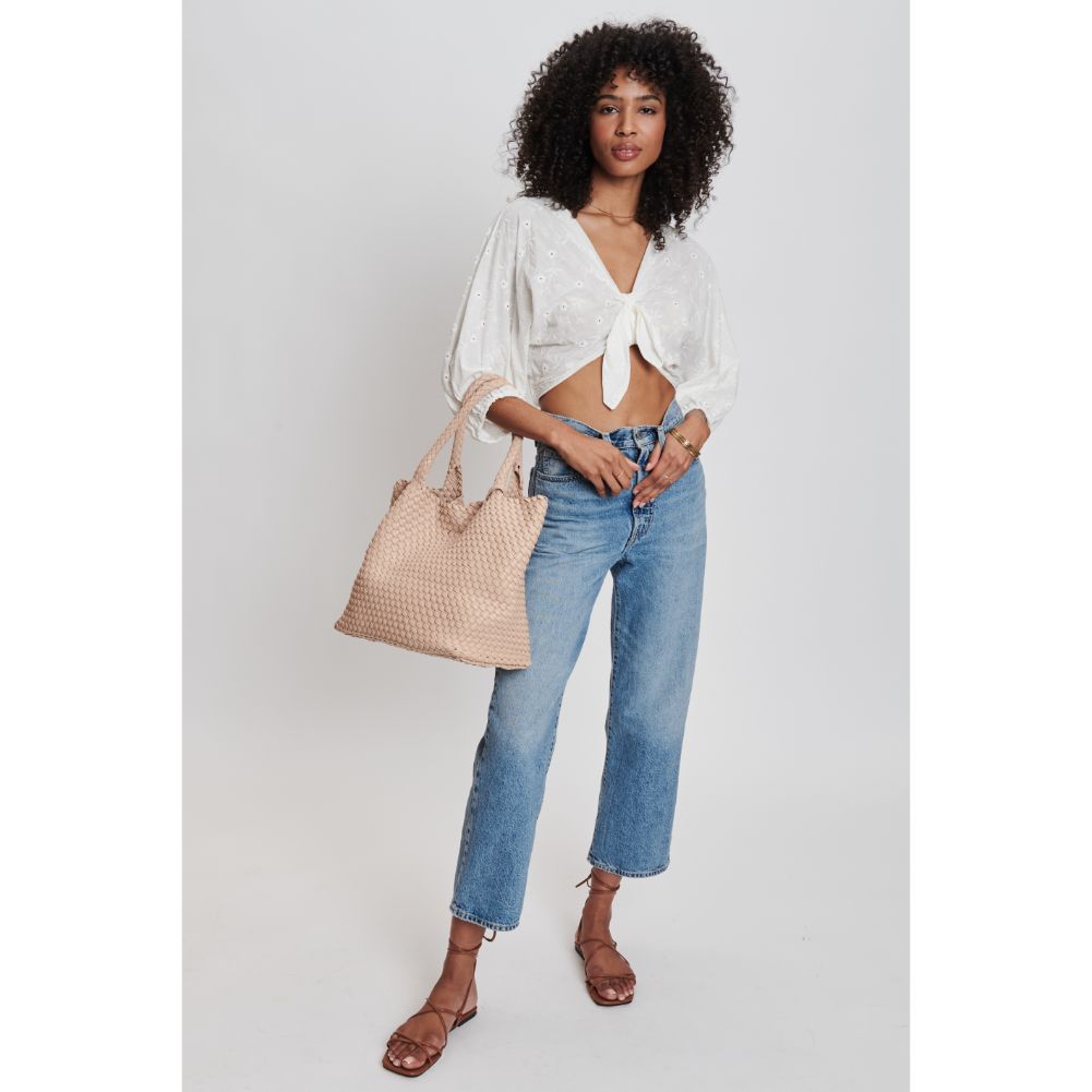 Woman wearing Natural Moda Luxe Solana Tote 842017132165 View 3 | Natural