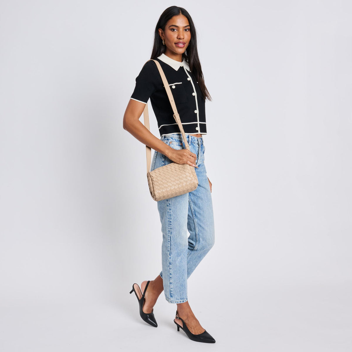 Woman wearing Natural Moda Luxe Charlotte Crossbody 842017136453 View 3 | Natural