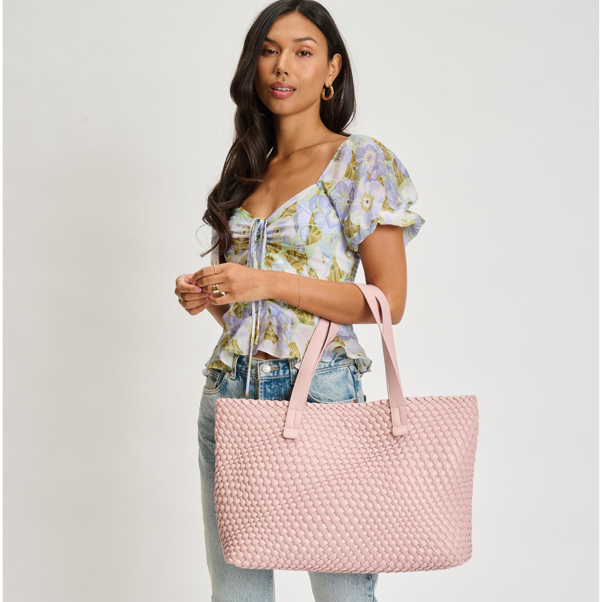 Woman wearing French Rose Moda Luxe Piquant Tote 842017135623 View 1 | French Rose