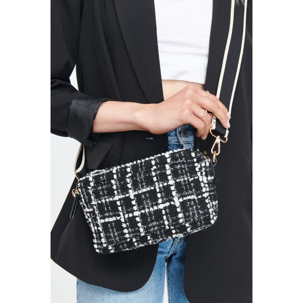 Woman wearing Black White Moda Luxe Skylie Tweed Crossbody 842017130451 View 4 | Black White