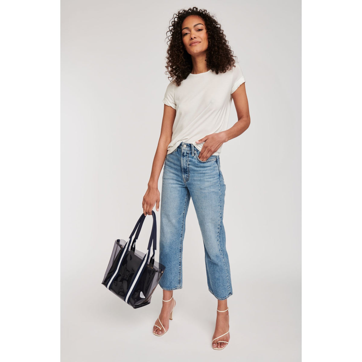 Woman wearing Navy White Moda Luxe Jacelyne Tote 842017124931 View 3 | Navy White