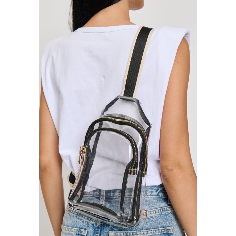 Woman wearing Clear Black Moda Luxe Britney Sling Backpack 842017133513 View 4 | Clear Black