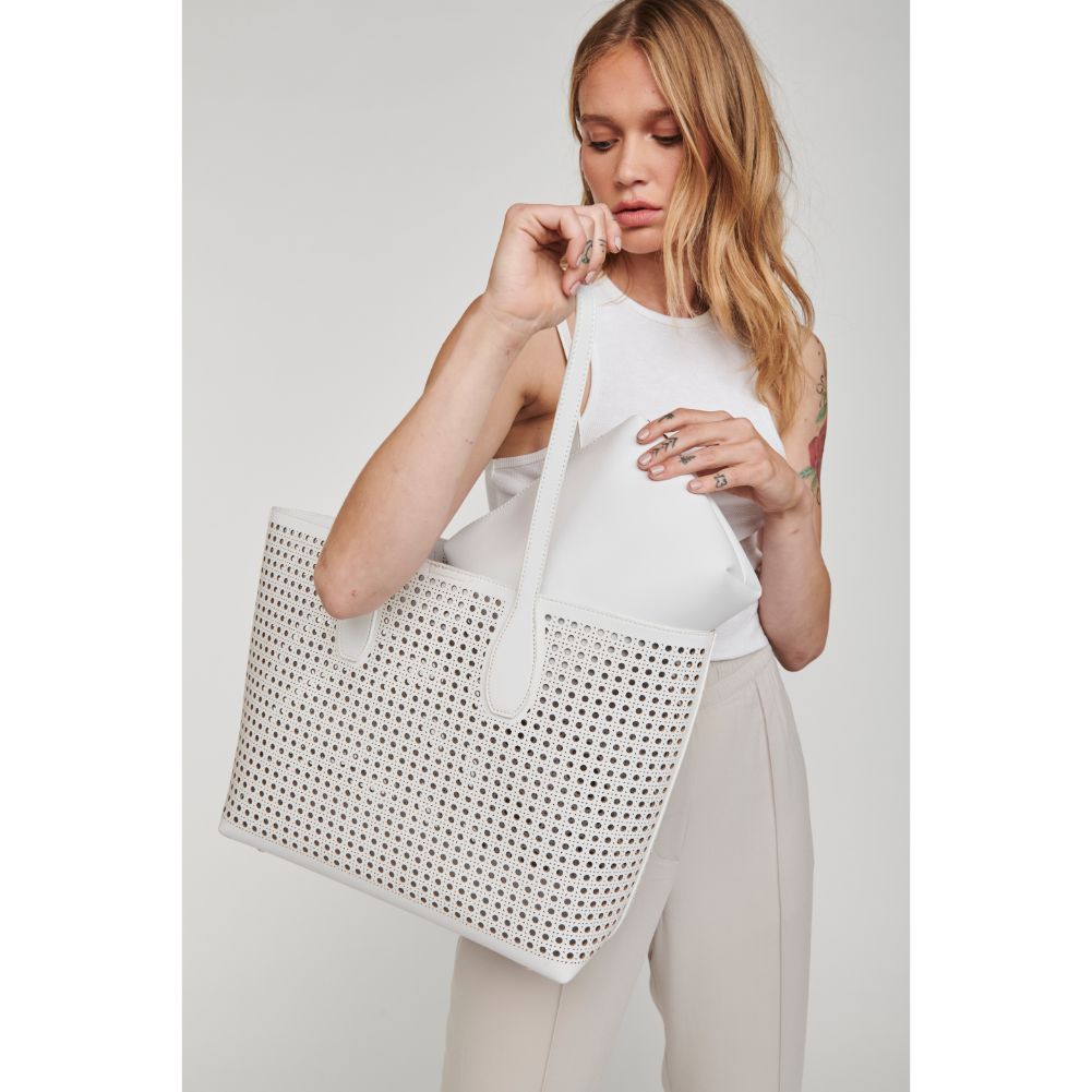 Woman wearing White Moda Luxe Brazil Tote 842017124214 View 3 | White