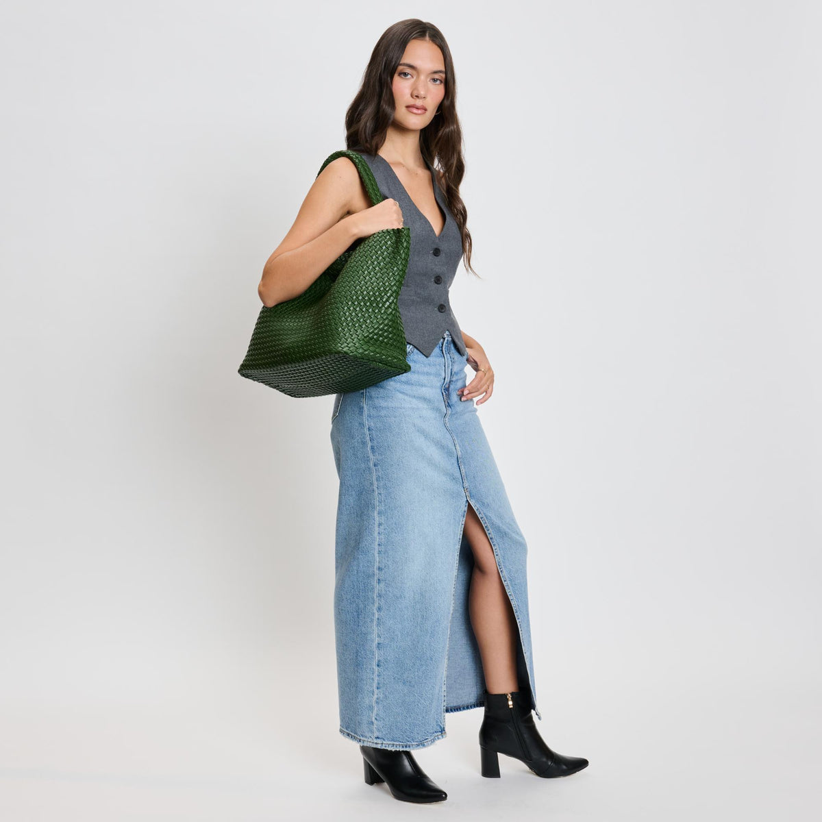 Woman wearing Forest Moda Luxe Solana Tote 842017135746 View 3 | Forest