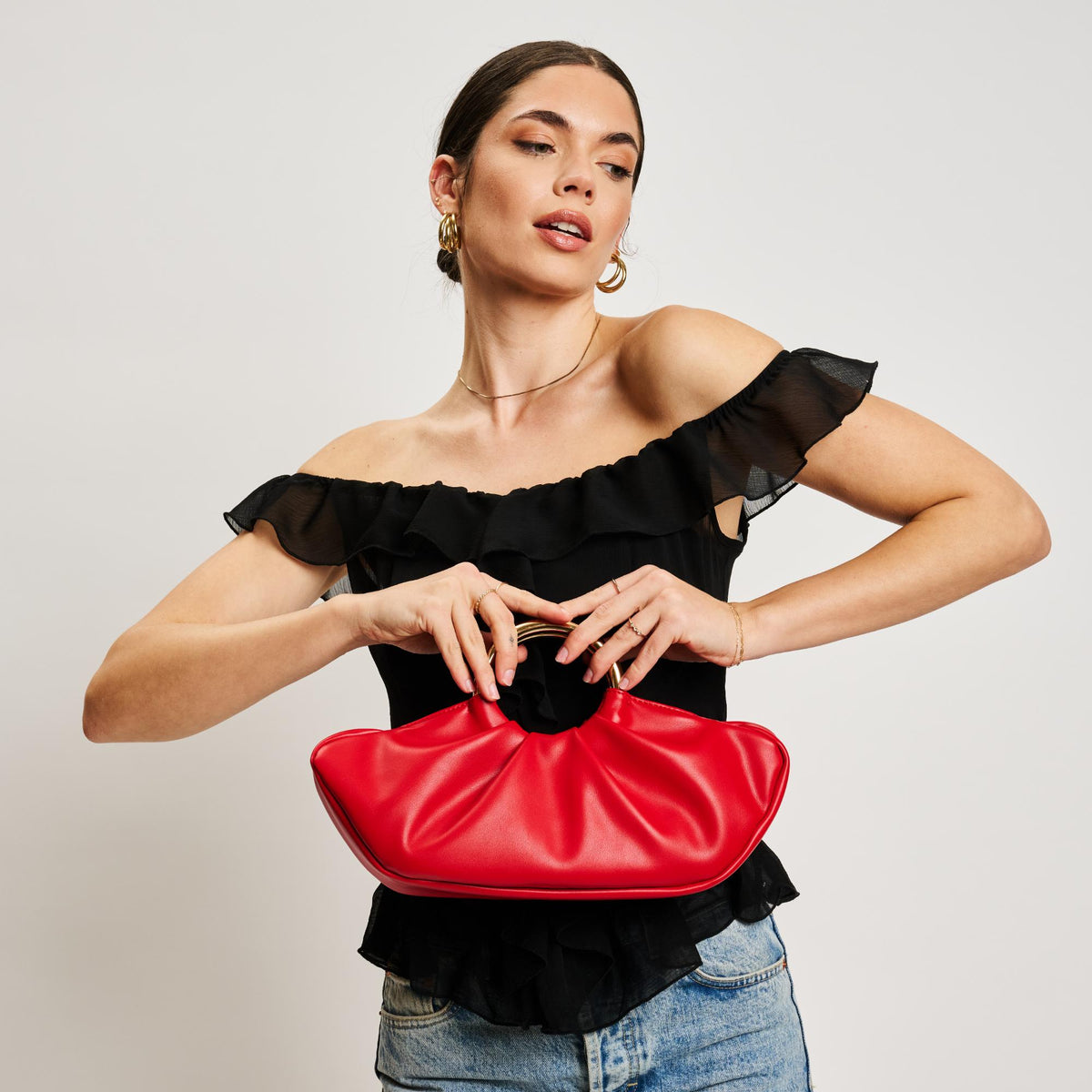 Woman wearing Red Moda Luxe Danika Clutch 842017137979 View 3 | Red