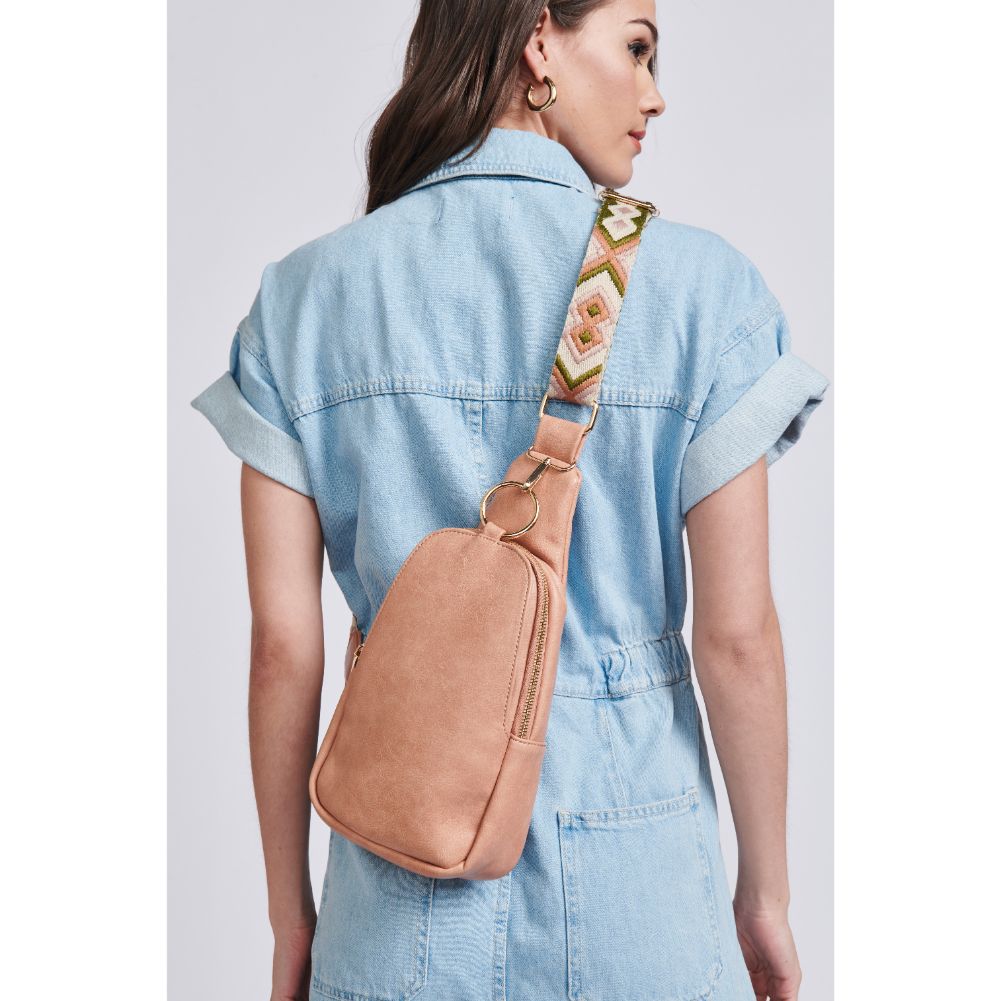 Woman wearing Natural Moda Luxe Regina Sling Backpack 842017129530 View 4 | Natural