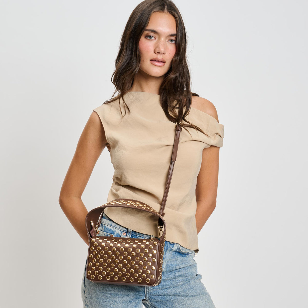 Woman wearing Chocolate Moda Luxe Isabel Crossbody 842017137092 View 3 | Chocolate