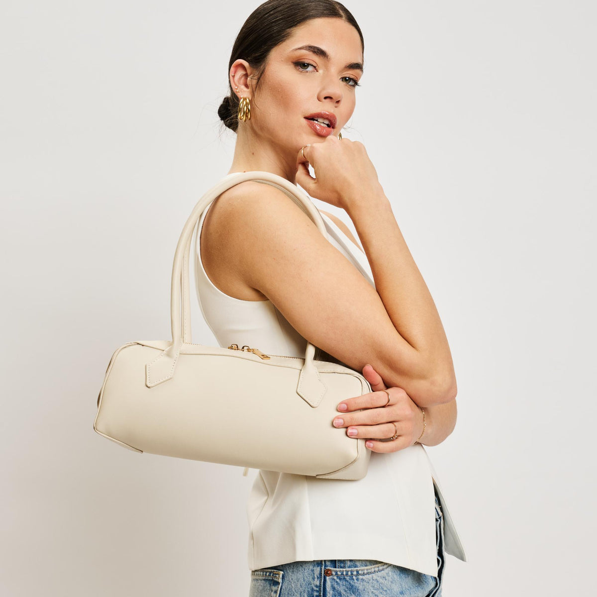 Woman wearing Cream Moda Luxe Betty Shoulder Bag 842017138464 View 2 | Cream