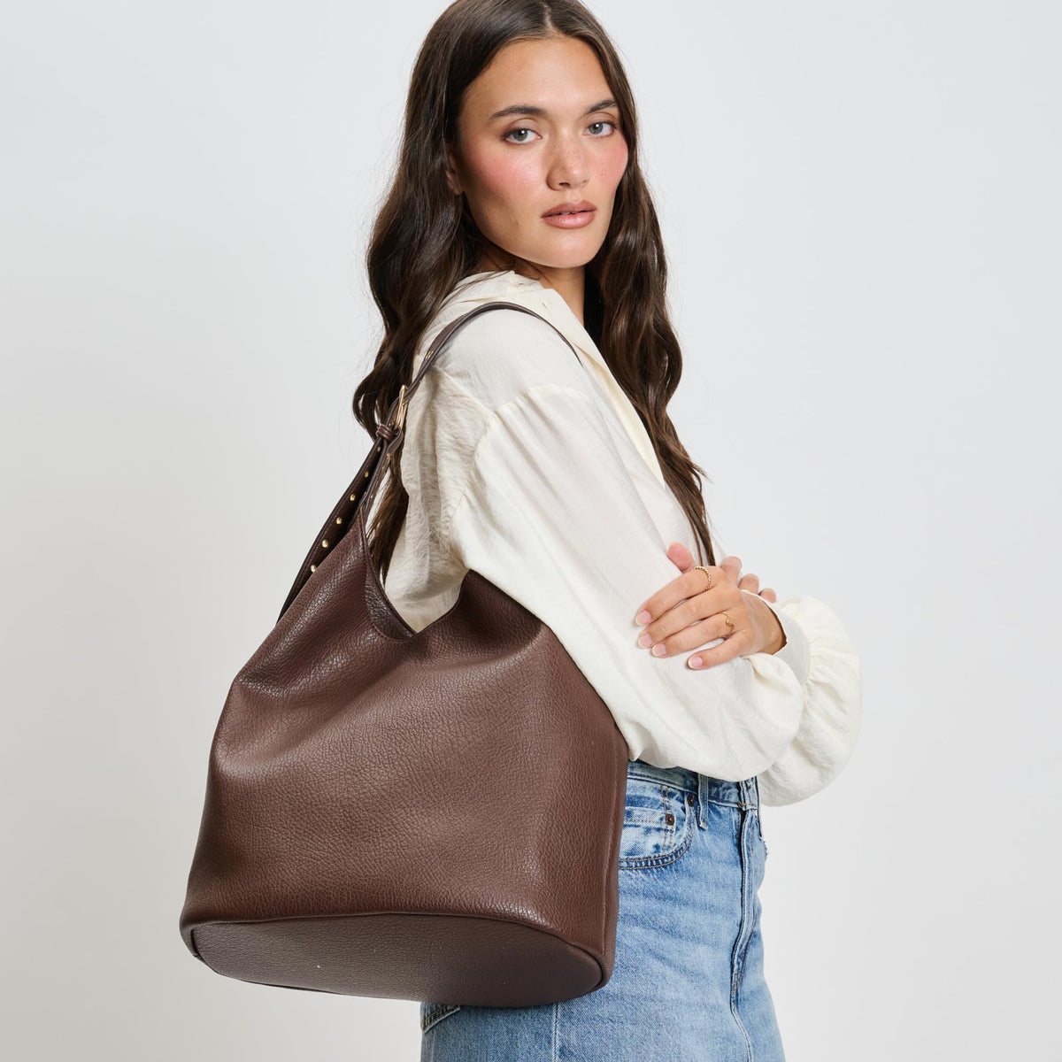 Woman wearing Chocolate Moda Luxe Jacqueline Hobo 842017136996 View 2 | Chocolate