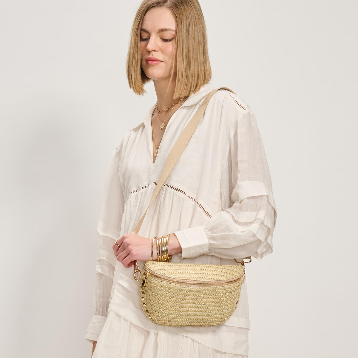 Woman wearing Natural Moda Luxe Gizelle - Straw Belt Bag 842017138082 View 2 | Natural