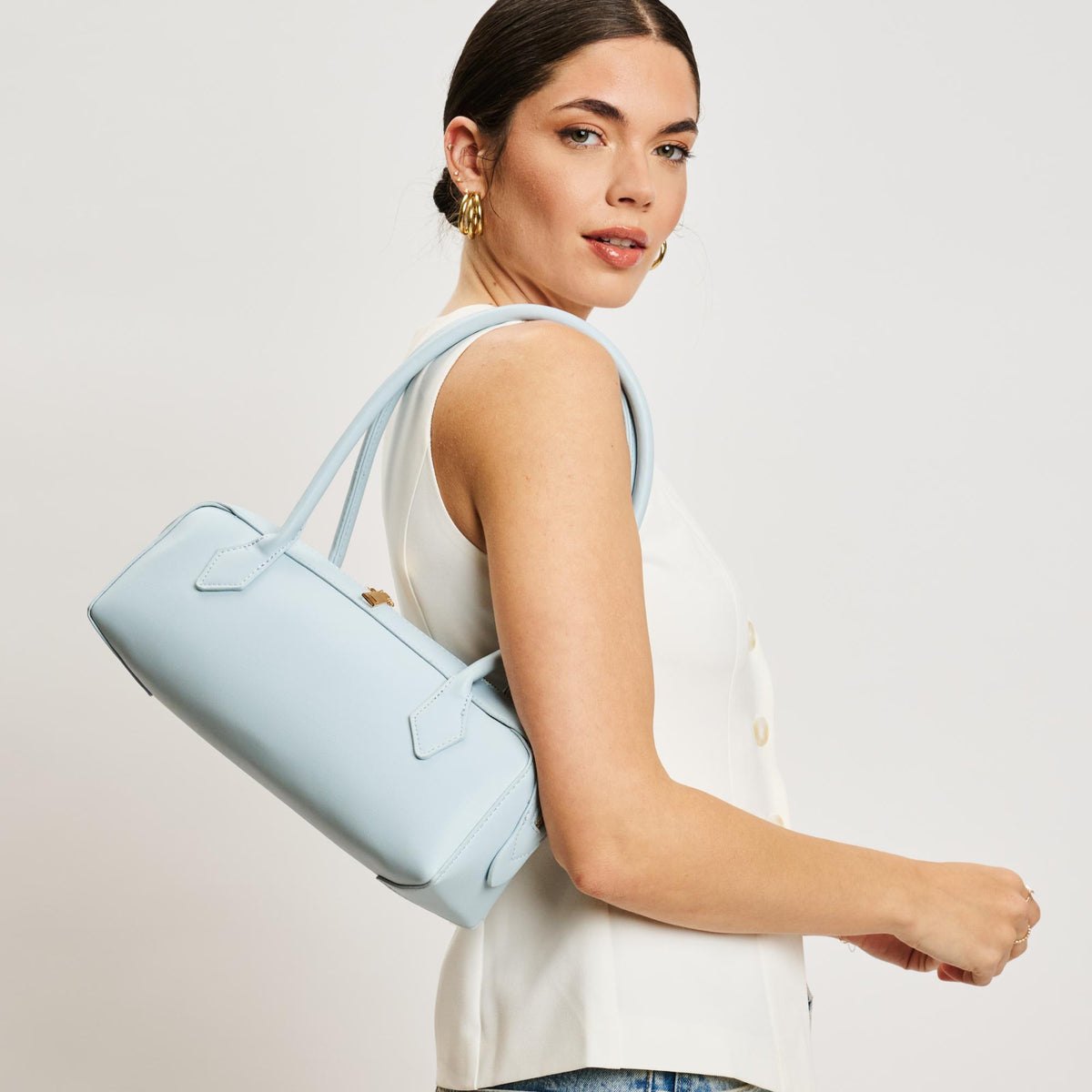 Woman wearing Ice Blue Moda Luxe Betty Shoulder Bag 842017138488 View 1 | Ice Blue