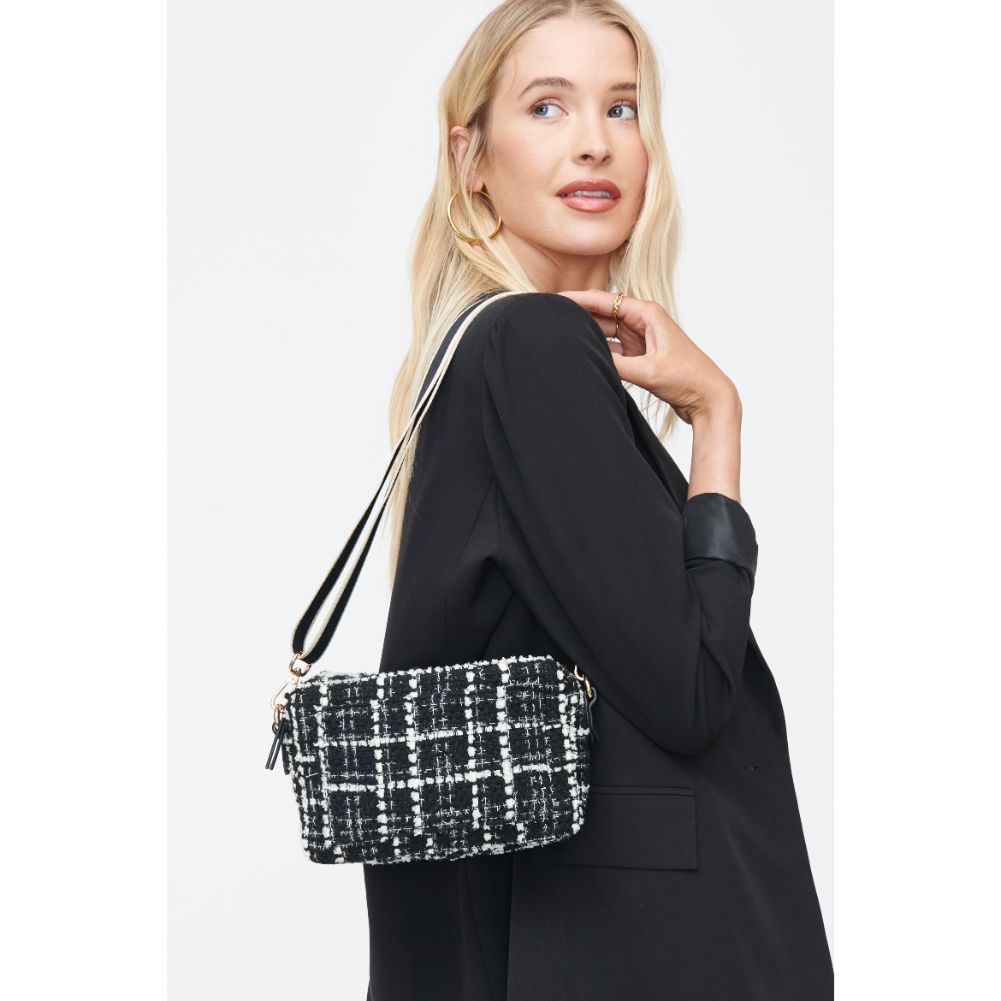 Woman wearing Black White Moda Luxe Skylie Tweed Crossbody 842017130451 View 2 | Black White