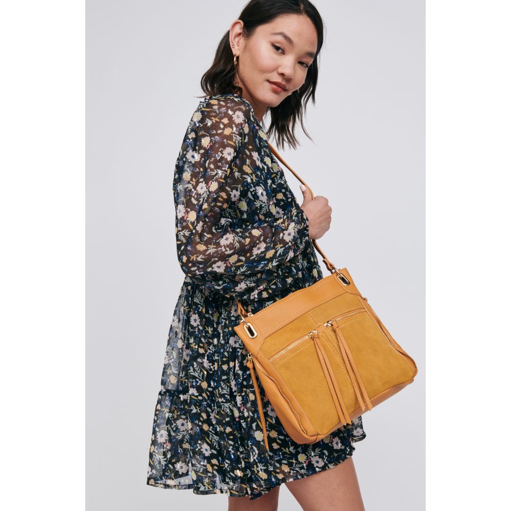 Woman wearing Mustard Moda Luxe Skyler Crossbody 842017121718 View 1 | Mustard