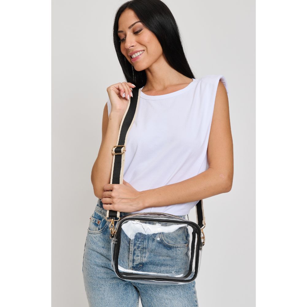 Woman wearing Clear Black Moda Luxe Christina Crossbody 842017133520 View 1 | Clear Black