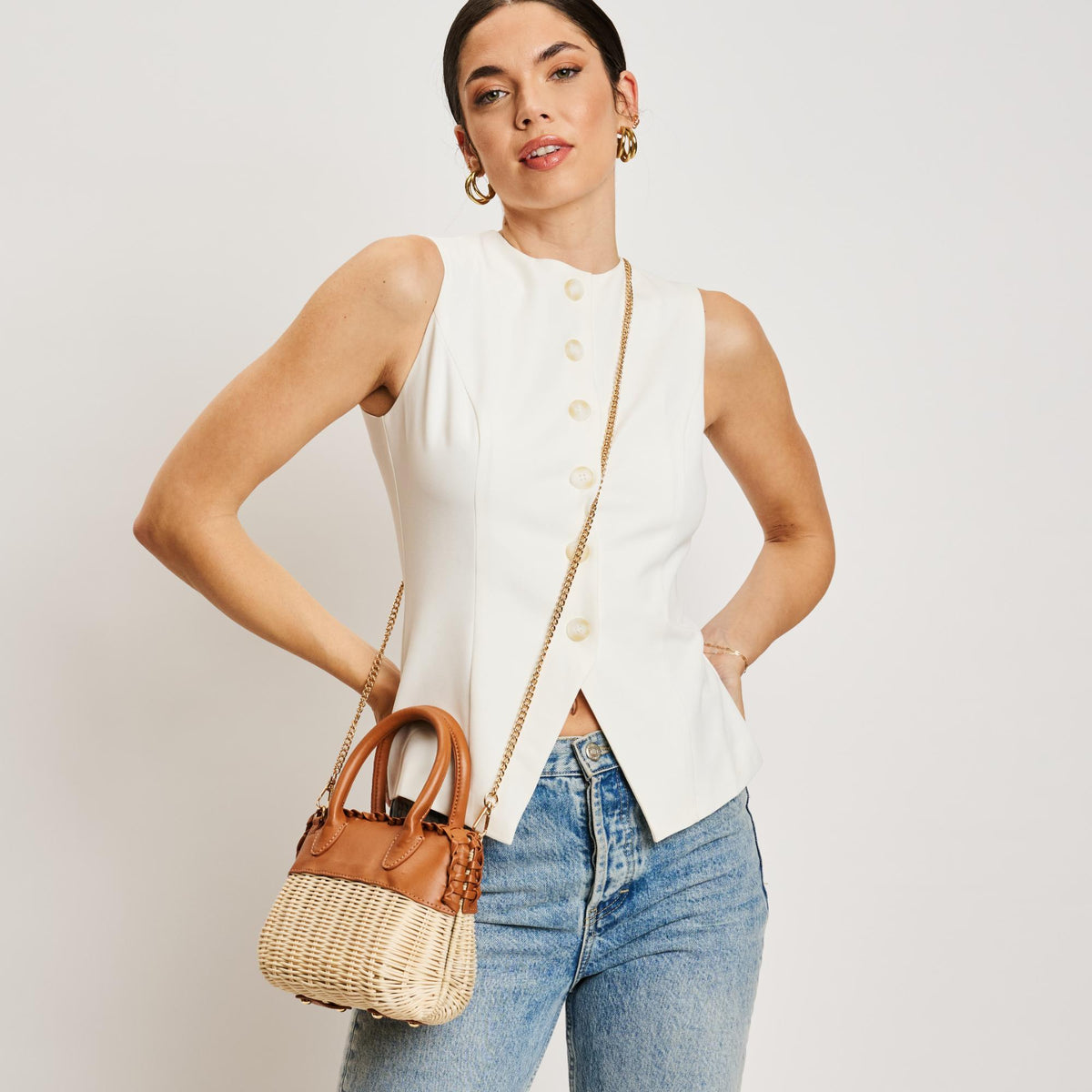 Woman wearing Tan Moda Luxe Maya Crossbody 842017138310 View 2 | Tan