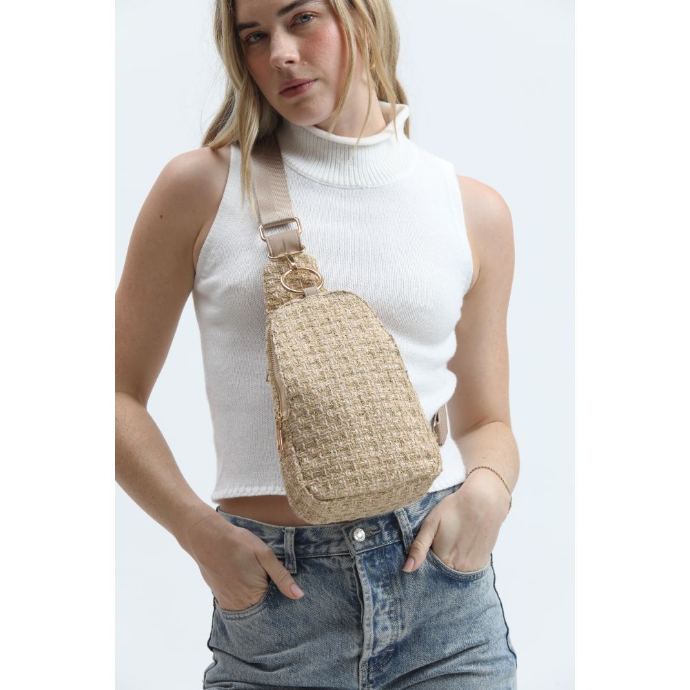 Woman wearing Natural Moda Luxe Regina Sling Backpack 842017133353 View 2 | Natural