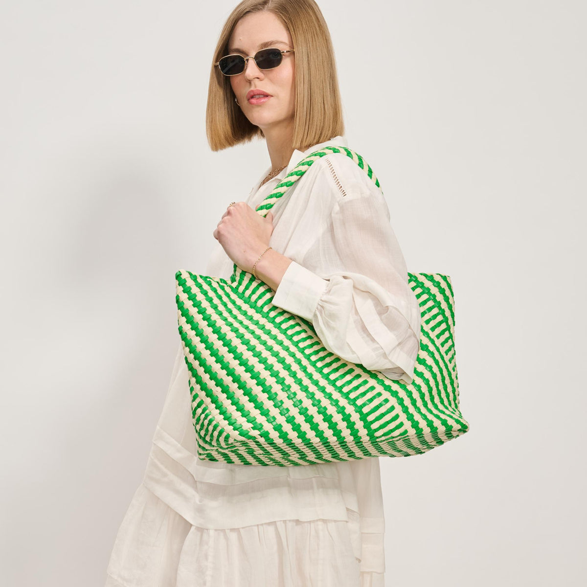 Woman wearing Green Ivory Moda Luxe Solana - Mixed Material Tote 842017138594 View 3 | Green Ivory