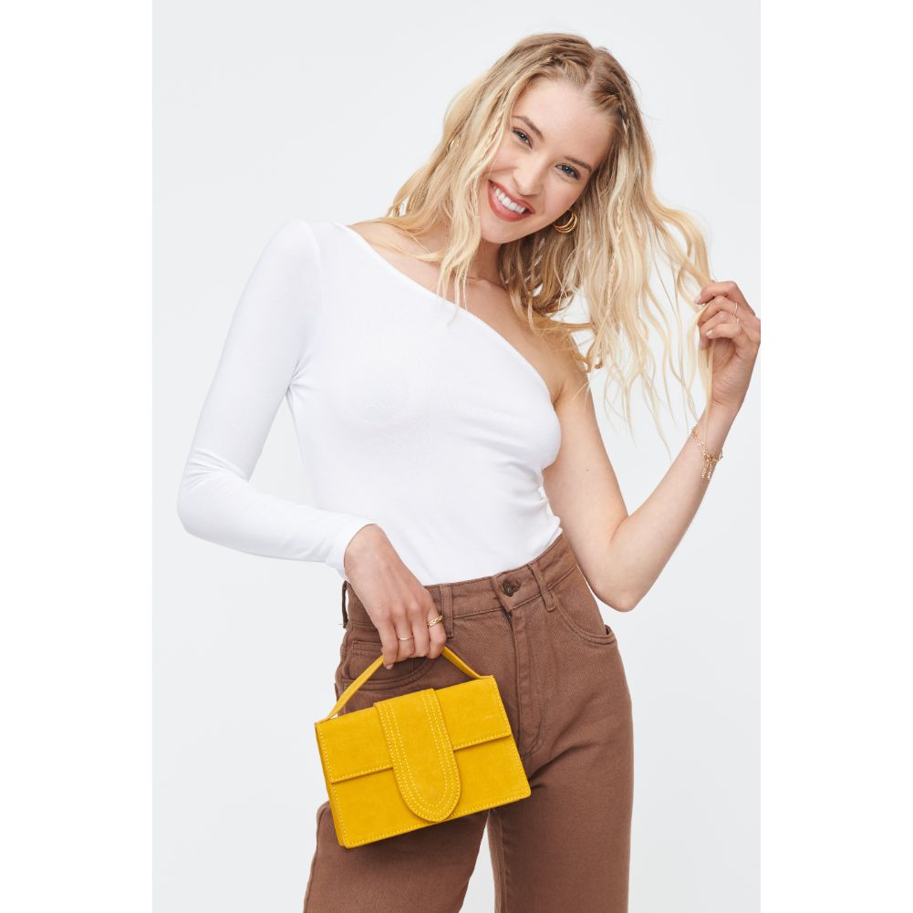 Woman wearing Yellow Moda Luxe Elizabeth - Suede Crossbody 842017130574 View 1 | Yellow